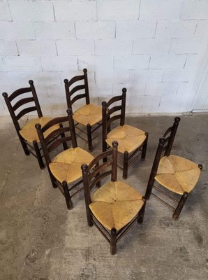 Vintage Straw Wood Chairs by Georges Robert Set of 6 for sale