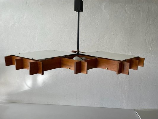 Large Mid-Century Modern Wood and Textured Glass Ceiling Lamp, 1960s