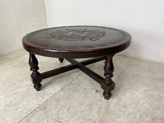Vintage Mid Century Brutalist Tooled Leather and Wood Round Coffee