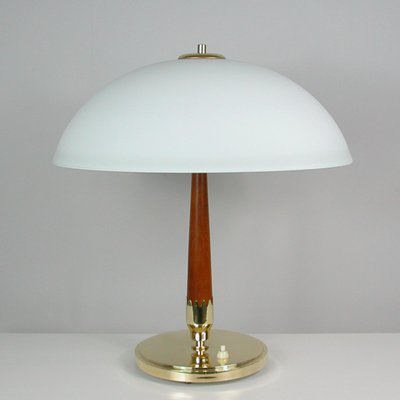 Mid Century Swedish Teak Brass and Frosted Glass Table Lamp from