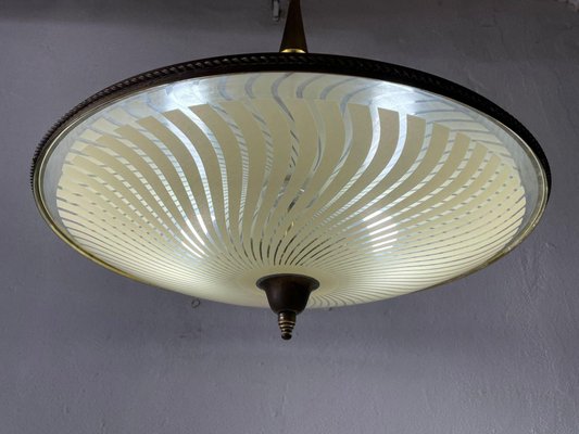 Large Italian Ufo Design Brass Body Printed Glass Ceiling Lamp from Fontana Arte 1950s for sale at Pamono