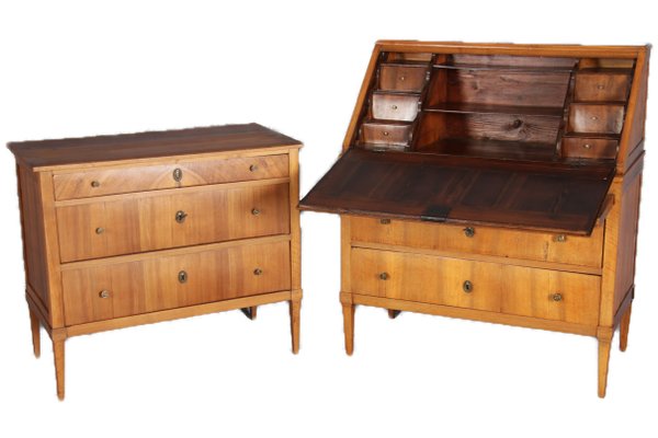 Antique Secretaire and Chest of Drawers in Walnut 1800 Set of 2
