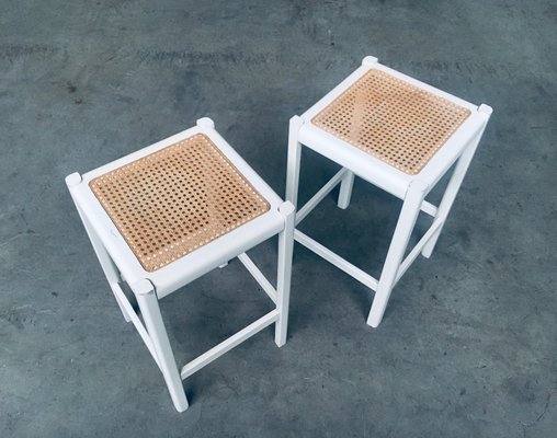White Stained Wood Cane High Stools 1970s Set of 2 for sale at