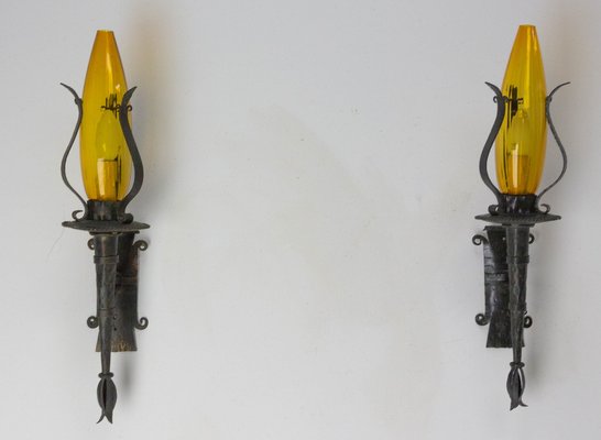 Grandes Appliques En Fer Forgé Martelé, Deux Bras, XXe Siècle, Fait Main