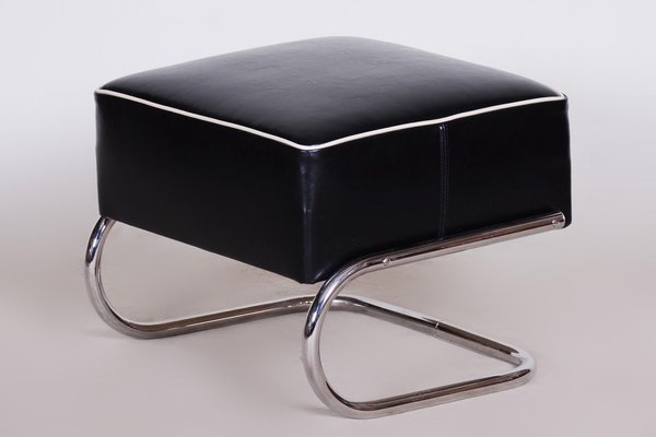 Black Leather Footstool from Slez k Czechia 1930s