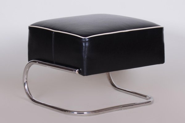 Black leather footstool with chrome legs deals