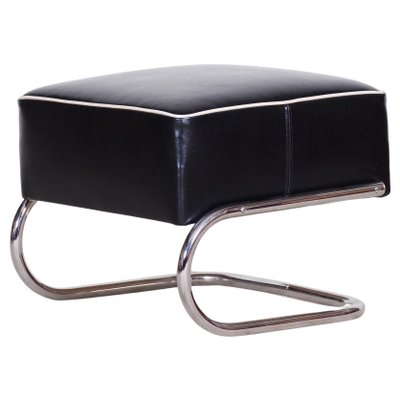 Black leather footstool with chrome legs deals