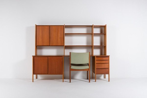 Swedish Modern Teak Cabinet Desk, Desk And Bookshelf Wall Unit