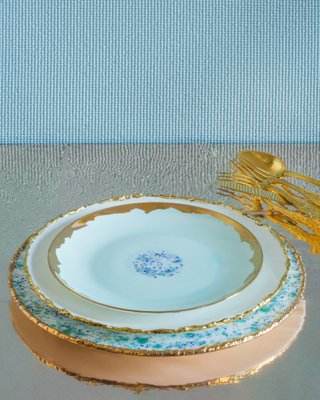 2er Set Dinner Coupe Teller Ø27 Weißer Craquelé Rand Blauer Marmor