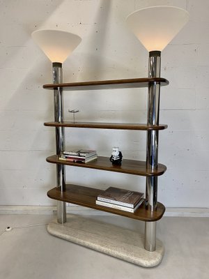 Italian Postmodern Travertine, Wood and Polished Stainless Steel