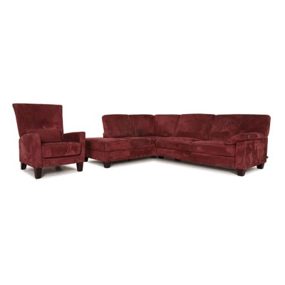 Dark Red Fabric Sofa Set With Corner, Brown Leather And Material Corner Sofa Set
