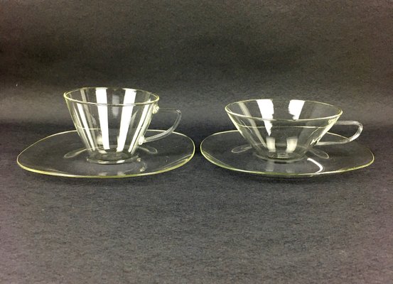 Set of 4 Clear Glass Cups and Saucers, Cut Clear Glass Coffee Cups