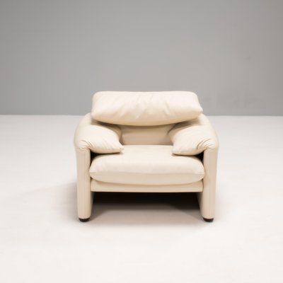 Footstool By Vico Magistretti Maralunga, Cream Leather Chair And Footstool