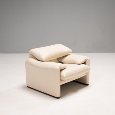 Footstool By Vico Magistretti Maralunga, Cream Leather Chair And Footstool