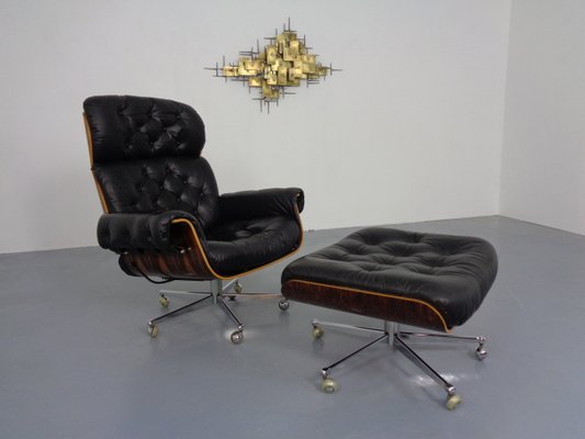 Swiss Rosewood and Leather Chair Ottoman Set by Martin Stoll for