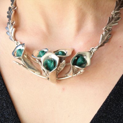 Malachite Sterling Silver Necklace Earrings 1970s Set of 3 for sale at Pamono