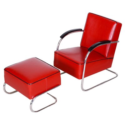 Red lounge chair with ottoman top