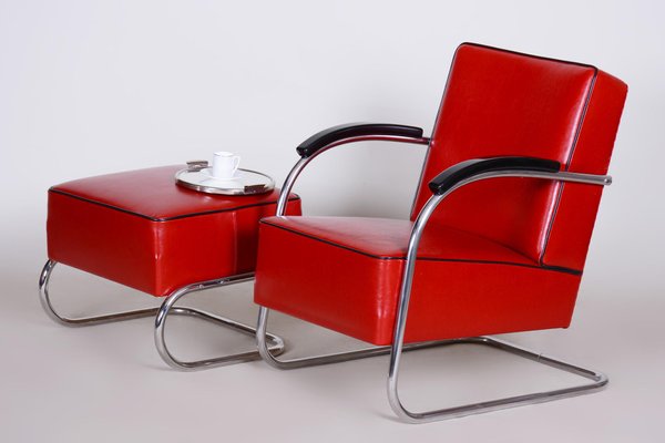 Red Armchair and Ottoman by Mucke Melder Czechia 1930s Set of 2