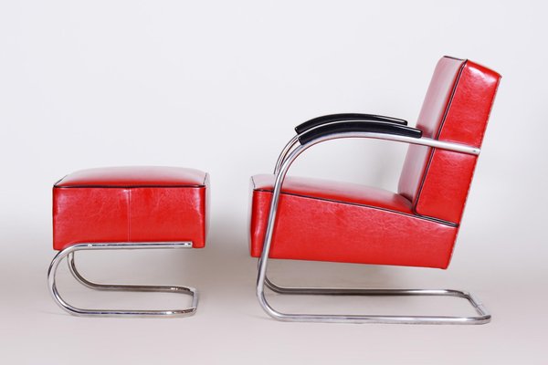 Red Armchair and Ottoman by Mucke Melder Czechia 1930s Set of 2