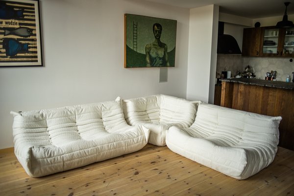 White Bouclette Togo Corner Chair 2 and 3 Seat Sofa by Michel Ducaroy for Ligne Roset Set of 3 for sale at Pamono