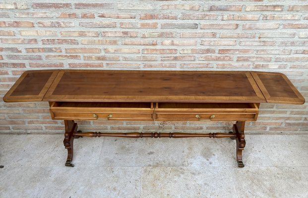 Mid 20th Century Winged Console Table in Walnut with Claw Feet in Bronze with Two Drawers and Wheels