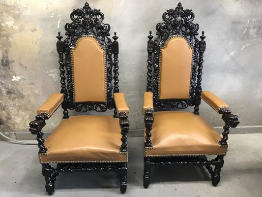 Antique Renaissance 19th Century Throne Chairs Set of 2