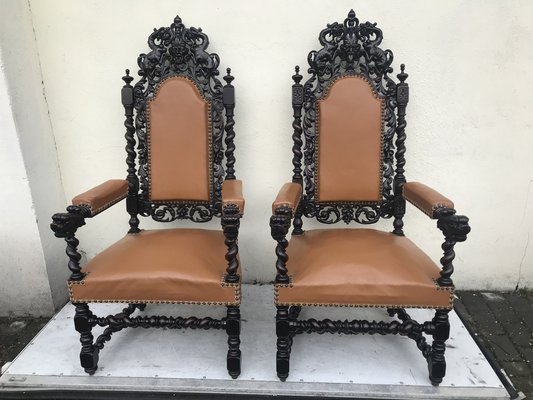 Antique Renaissance 19th Century Throne Chairs Set of 2 for sale