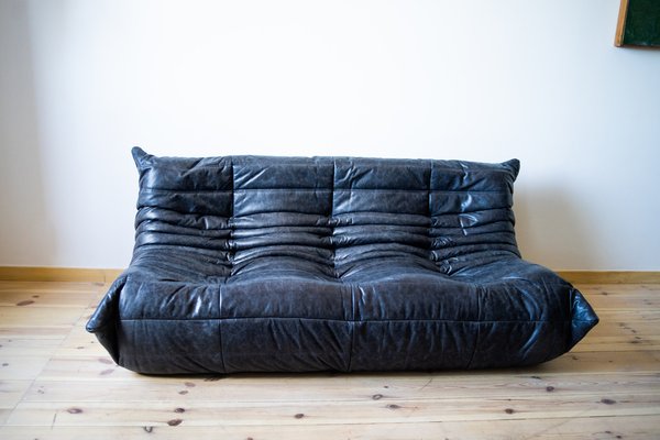 Black Leather 3 Seat Togo Sofa by Michel Ducaroy for Ligne Roset