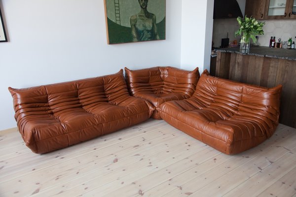 Modulares Vintage Leder Sofa Set von Michel Ducaroy für Ligne Roset, 1970er, 3er Set bei Pamono kaufen