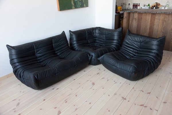 Black Leather Togo Corner Seat Lounge Chair 2 Seat Sofa by