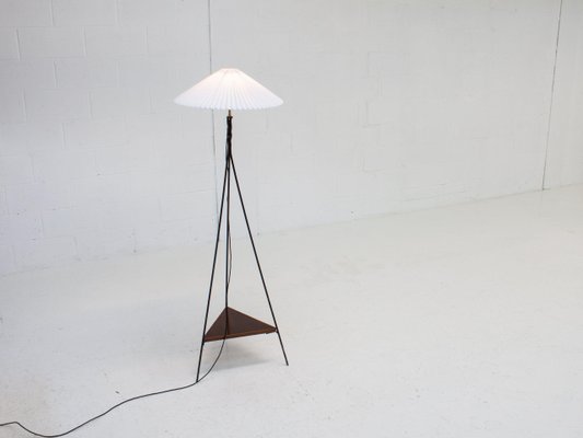 A Vintage 1960s Floor Lamp on a Triangular Base With Pleated Shade
