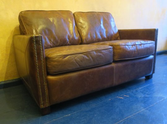 Patinated Brown Leather 2 Seater Sofa, Large Yellow Leather Furniture
