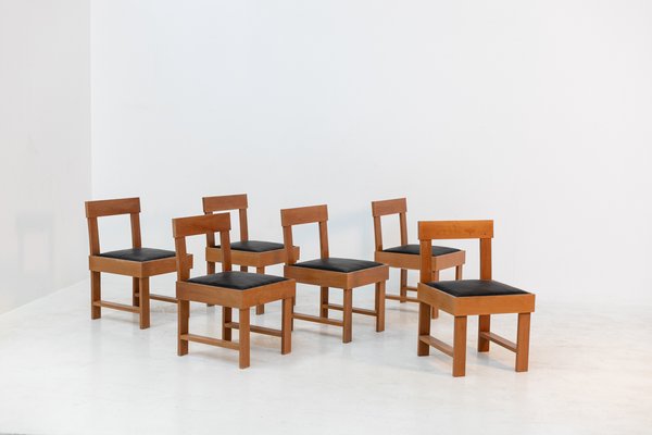 Vintage Wood and Leather Chairs by BBPR Set of 6 for sale at Pamono