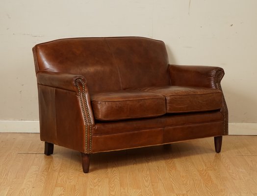 Small Vintage Aged Cigar Brown Leather, Brown Leather Nailhead Couch