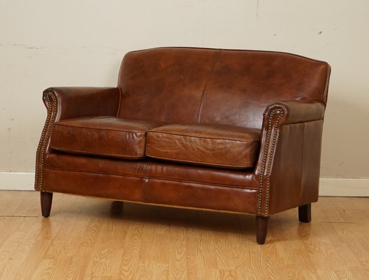 Small Vintage Aged Cigar Brown Leather, Small 2 Seater Leather Sofa