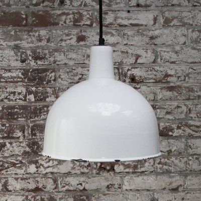 Vintage Industrial White Enamel Factory Hanging Light Pendant for