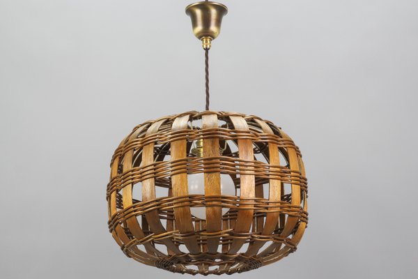 Round Woven Wooden Hanging Lamp, 1950s 
