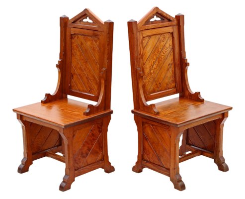 Gothic Pitch Pine Throne Chairs 1900s Set of 2