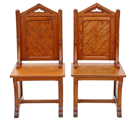Gothic Pitch Pine Throne Chairs 1900s Set of 2
