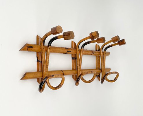 Midcentury French Riviera Rattan, French Vintage Wood Coat Rack