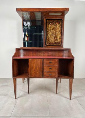 Mid Century Modern Wood Mirror Glass Bar Cabinet Italy 1960s