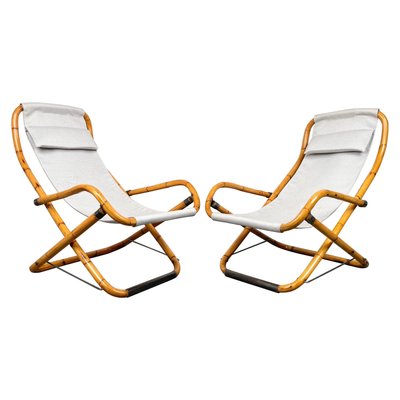 Bamboo Iron Fabric Folding Lounge Deck Chair Italy 1960s Set of 2