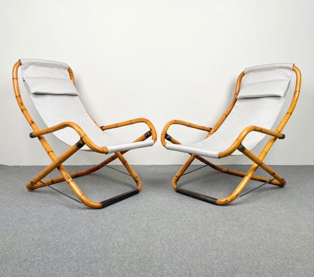 Bamboo Iron Fabric Folding Lounge Deck Chair Italy 1960s Set
