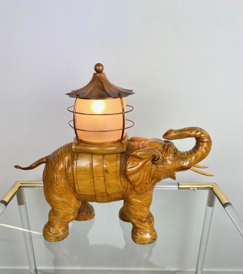 Italian Elephant Table Lamp in Hand Carved Wood and Copper by Aldo