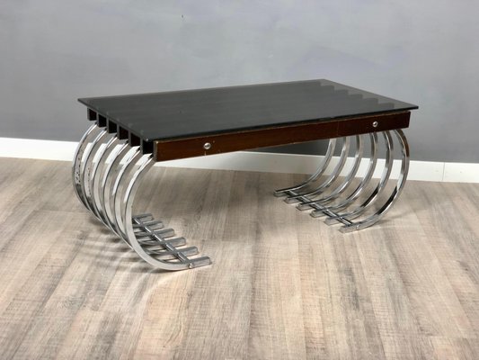 Couchtisch aus Holz, Chrom & Rauchglas, Italien, 1970er bei Pamono kaufen