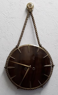 Orologio da parete vintage in ottone e legno, anni '50 in vendita