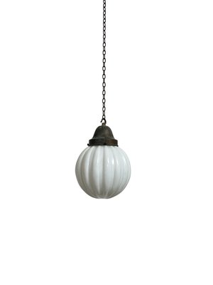 VINTAGE MILK GLASS HANGING LIGHT FIXTURE WITH PULL CHAIN