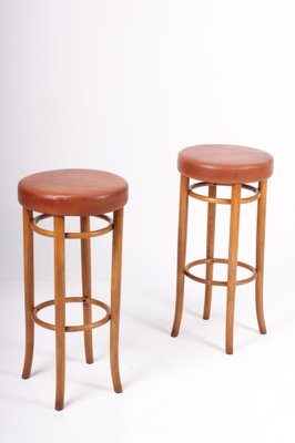 Bar Stools in Beech and Patinated Leather by Fritz Hansen 1940s