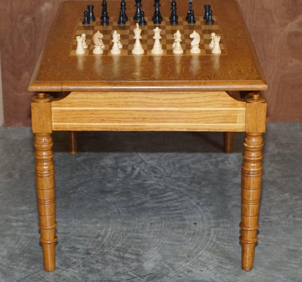Vintage Look Chess Board Carved Inlaid Work Coffee Round Table Foldable Art Deco 