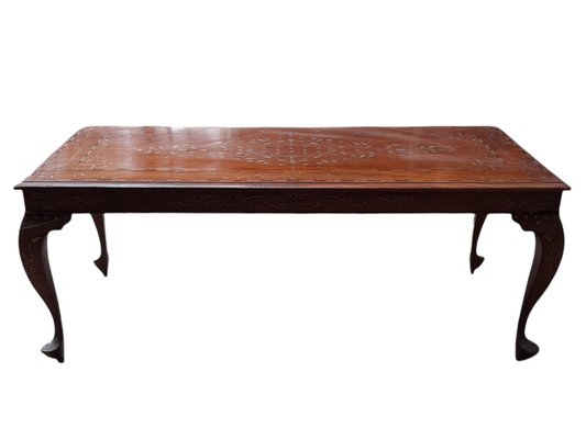 Antique Coffee Table with Brass Inlaid Floral Decoration